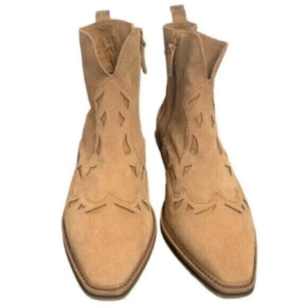 Kelsi Dagger Cliff Mocha Brown Suede Pointed Toe Block Heel Western Ankle Boots